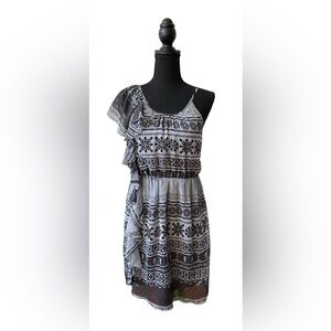 Rhapsody: Stylish Black and Gray Bohemian. Patterned Ruffle Asymmetrical Dress